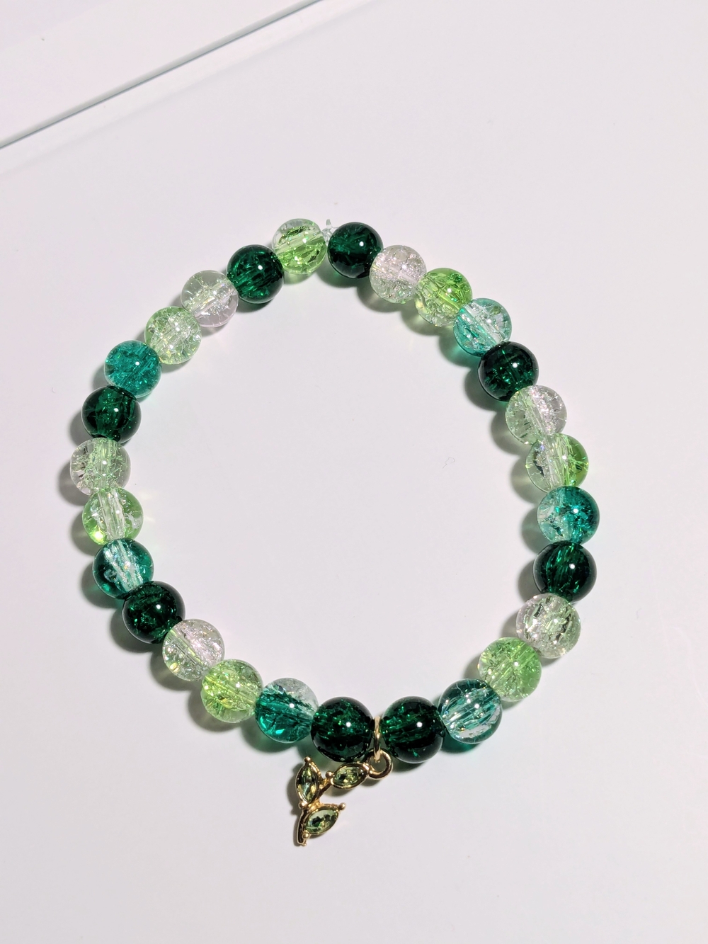 Green Crystal Bead Stretch Bracelet with Leaf Charm